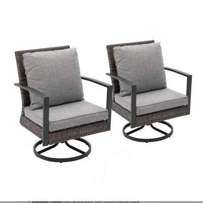 Ensemble de 2 chaises de patio berçantes pivotantes grises en rotin toutes saisons avec coussins