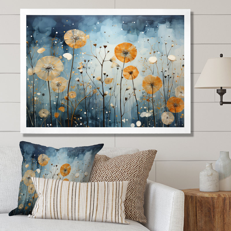 Blue Dandelion Floral Symphony VI - Floral Wall Art Living Room, H 30 po x l 40 po x P 1,5 po, Cadre photo blanc