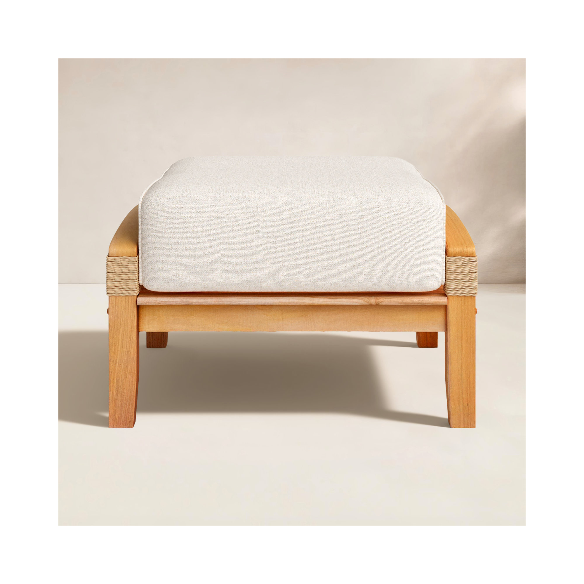 Cotesfield Teak Outdoor Ottoman with Cushion, Tan Performance Basketweave