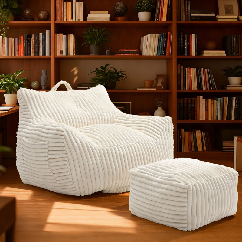 Comfortable Corduroy Bean Bag Chair with Ottoman - Plush Foam Fill, Soft Seating for Your Living Room, Beige Corduroy