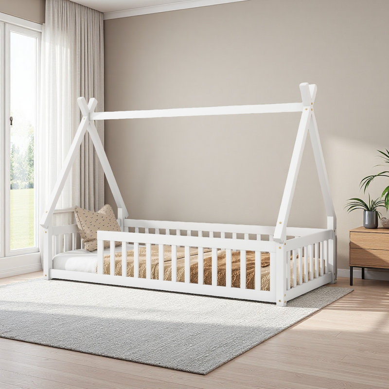 Lit simple en forme de tente, lit tipi avec garde-corps et lattes, Blanc