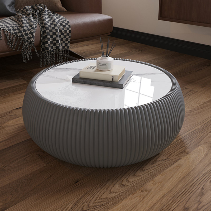 Table basse moderne en cuir clair avec plateau tambour en cuir, Gris