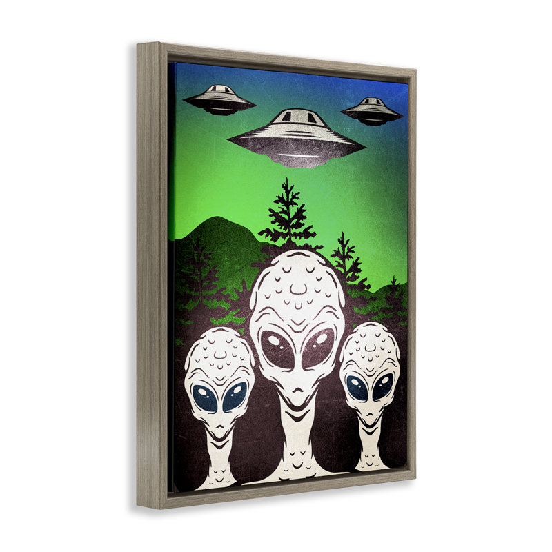 Cadre rétro Aliens & UFO, design par Kim Allen, H 21 po x l 17 po, Cadre flottant orme Montalcino