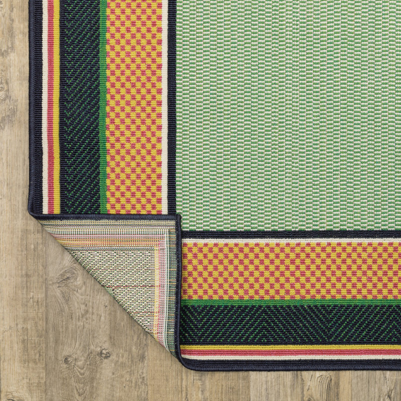 Sherley Preppy Stripe Border Green/ Navy Indoor-Outdoor Area Rug, Runner 1'10" x 7'3"