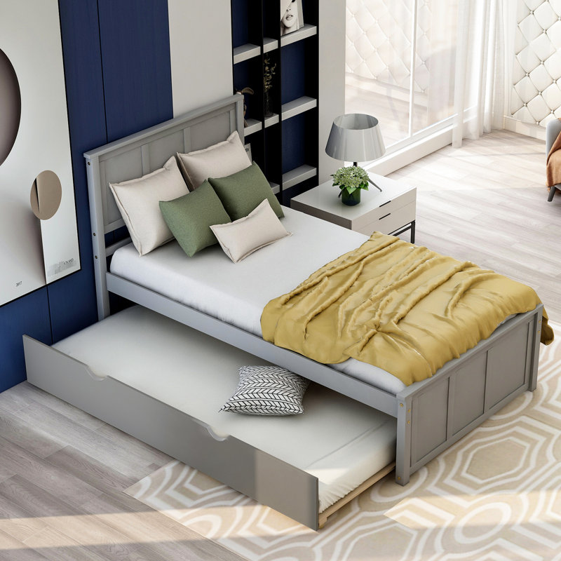 Twin Size Platform Bed With Gray Trundle - Solid Wood And Formation, Gray