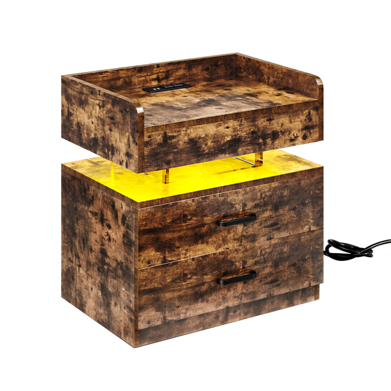 Salmeron RGB LED Light Nightstand End Side Table with Charging Port USB, Brown