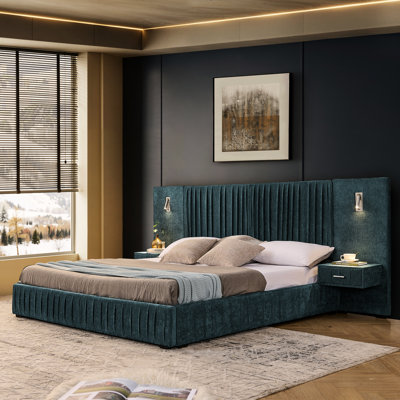 Bleu - très grand lit plateforme tapissier avec chenille plissée, tête de lit, table de chevet et lampe réglable, revêtement en chenille