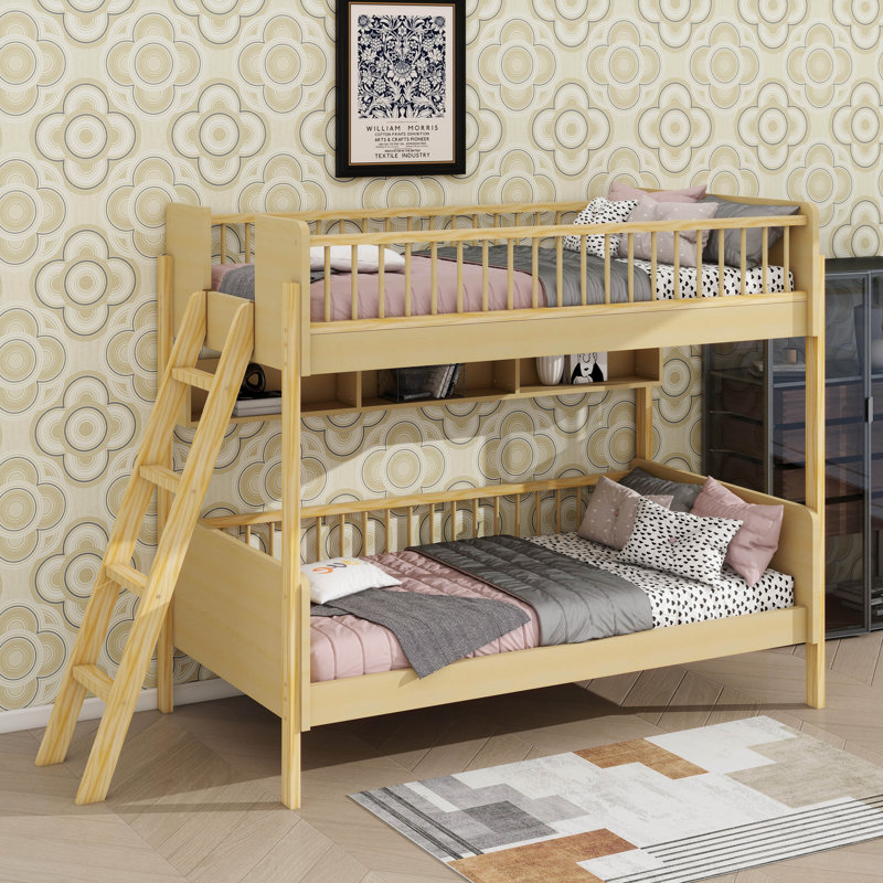 Wooden Twin Bunk Bed Equipped With Three Storage Compartments, Natural