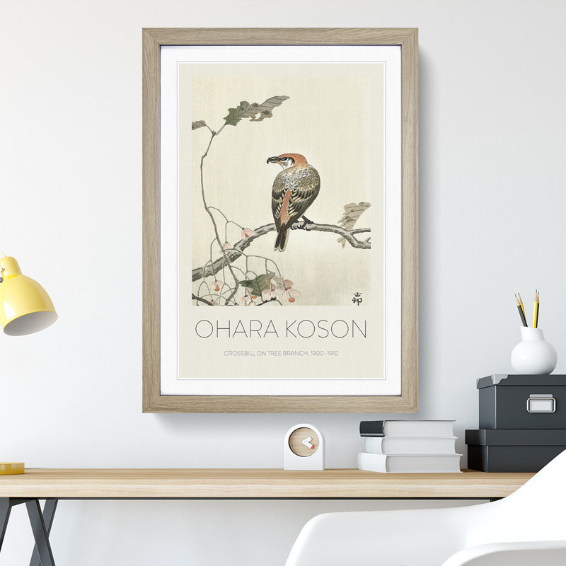 Crossbill On A Tree Branch by Ohara Koson - Single Picture Frame Print, Oak Framed, 48cm H x 36cm W x 2cm D