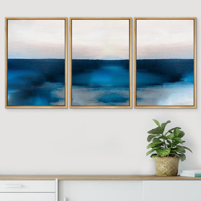 «Minimal Landscape Abstract Blue Ocean Horizon Landscape», impression sur toile 3 pièces