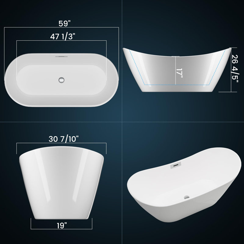 59" Freestanding Bathtub, Acrylic Soaking Tub With Chrome Overflow And Drain