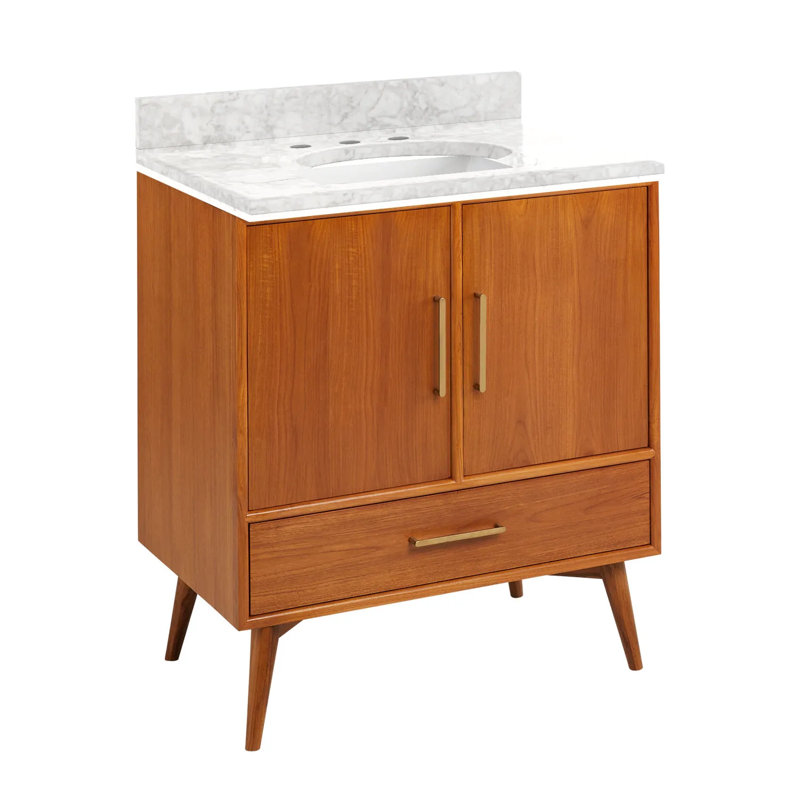 30" Novak Single Bathroom Vanity Set with Rectangular Undermount Sink, Carrara Marble, 8" Widespread, Natural Teak - 31" W