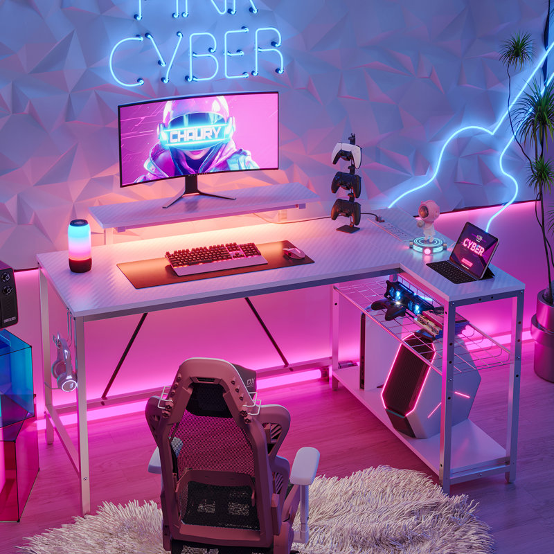 Baford L-Shaped Computer Desk with Power Outlet, Gaming Table with Monitor Stand and Shelves, Carbon Fiber White/White