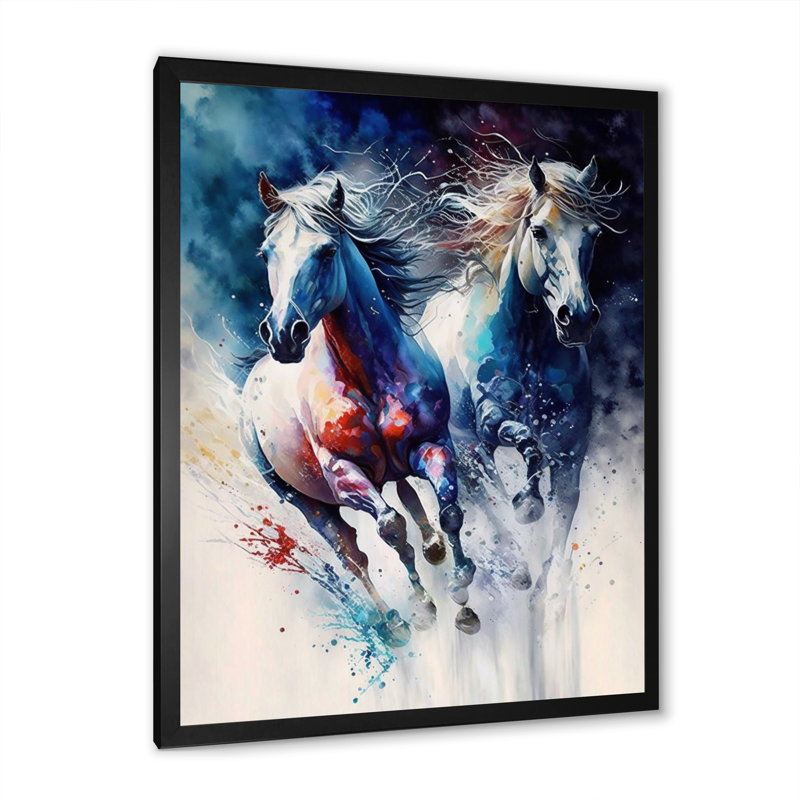 " Horses Running III ", Black Picture Framed Canvas, 12" W x 20" H