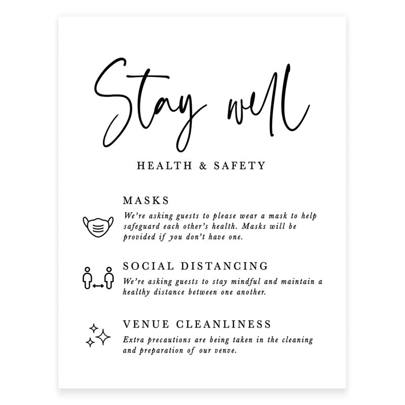 Enseigne de table à imprimé noir et blanc formal « stay well, Health and Safety »