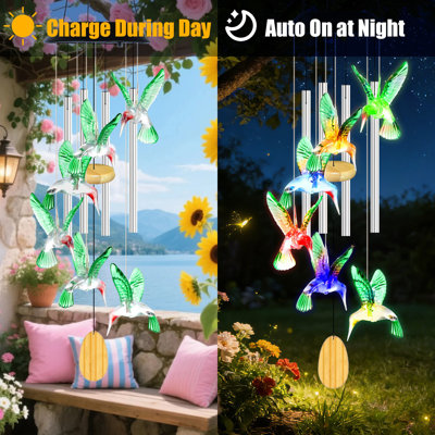 Hummingbird Solar Wind Chime with Aluminum Tubes Color Changing Waterproof Outdoor Garden Yard Decor Gift for Mother Day
