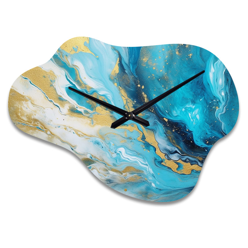 Horloge murale asymétrique en métal turquoise et marbre infusé III, Grand