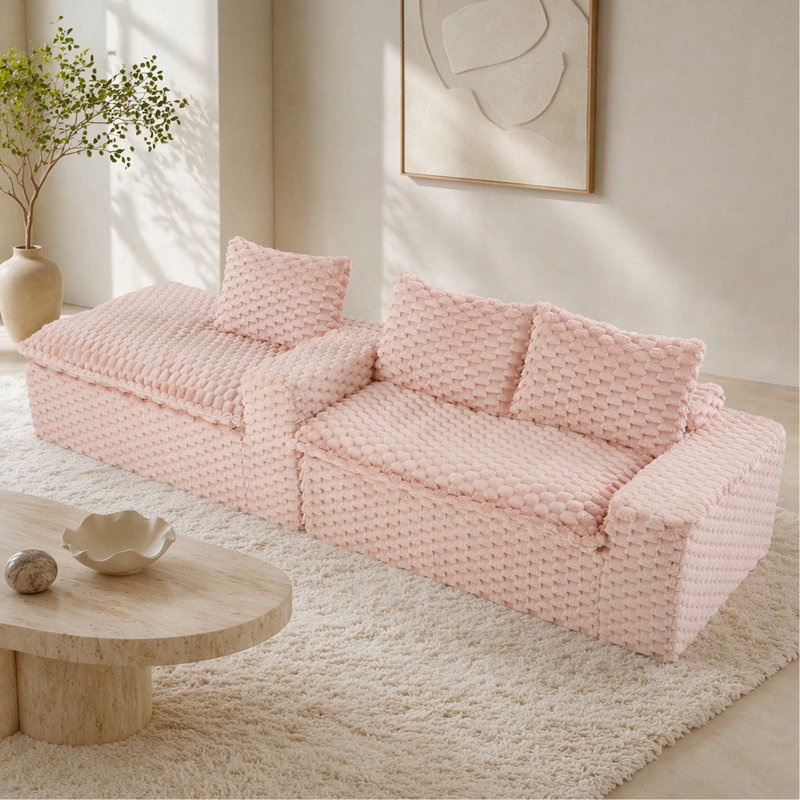 Canapé polyvalent en velours rose tortue: siège convertible à deux places avec méridienne gauche (chaise longue inclinable moelleuse pour les loisirs confortables), avec sièges en face à face, permutable entre la forme en L et la droite