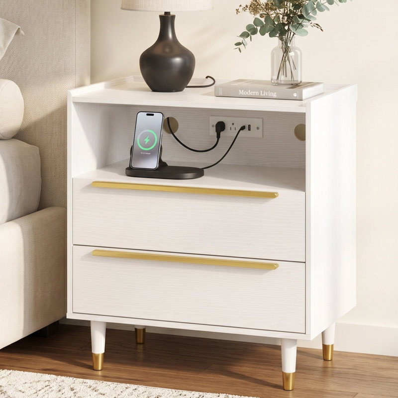 Table de chevet moderne à 2 tiroirs avec station de charge, ports USB et de type C et tablette ouverte, White