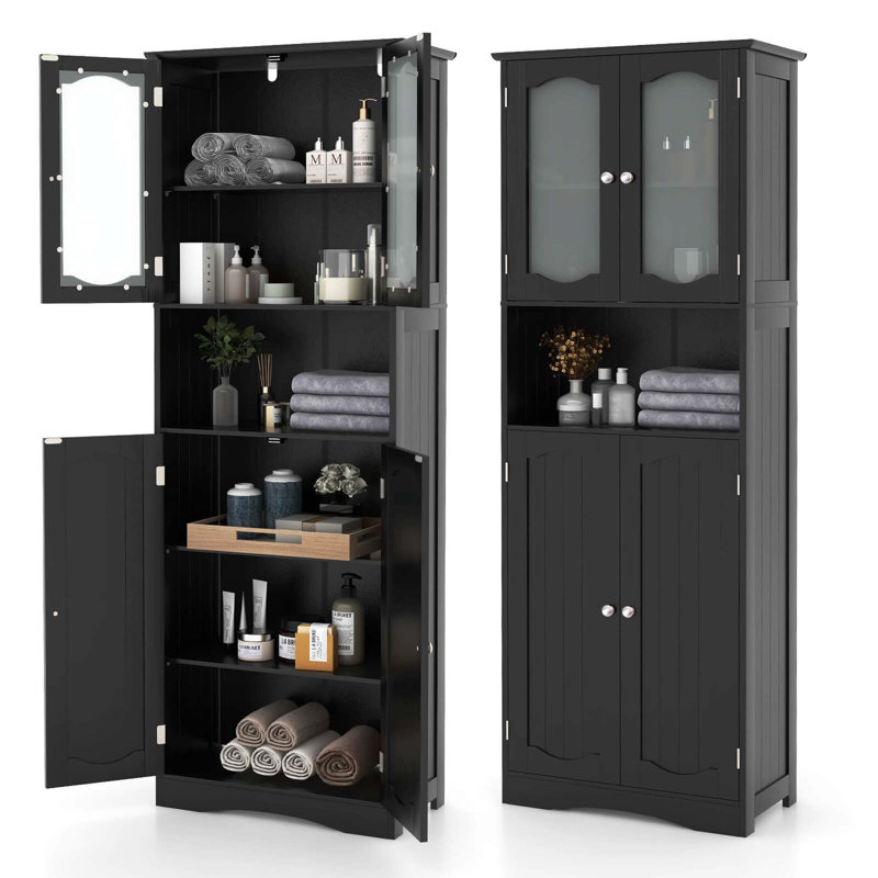 Grande armoire de salle de bain 64,5 "avec portes réglables en verre trempé, Noir, noir, noir, noir