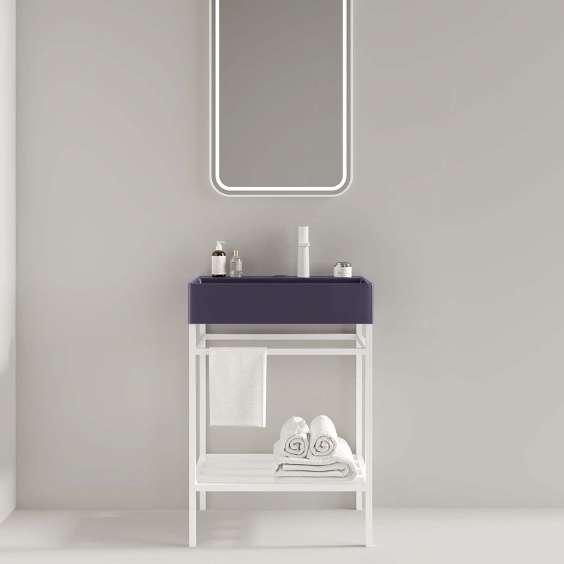 Bathroom Vanity with Ceramic Basin, Freestanding Bathroom Console Sink Set, Rectangular Ceramic Basin without Faucet, Open Metal Leg, Storage Shelves