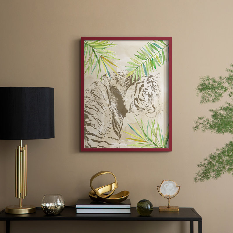 Boho Jungle Cat I, reproduction encadrée - bois massif, H 15 po x l 12 po, Rouge