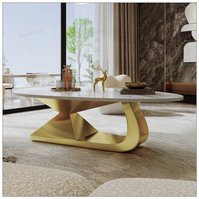 Table basse moderne en pierre frittée avec base en acier inoxydable - Centre de table de salon élégant, Doré