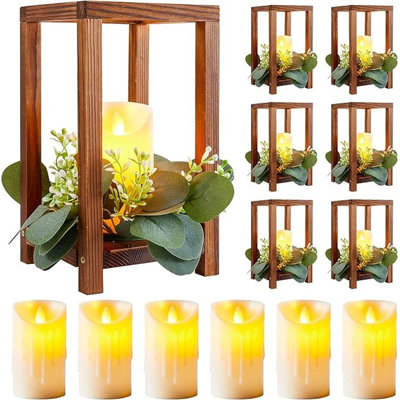 12 pièces / 6 ensembles de lanternes de mariage en bois comprenant 6 porte-bougies et 6 bougies à DEL sans flamme pour une fête de mariage rustique