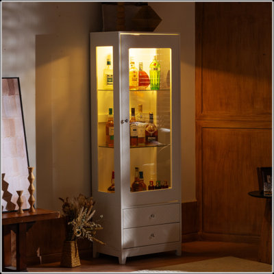 71 Inch Freestanding Upholstered Display Cabinet with Glass Door and Ceiling Light, Adjustable Shelves for Versatile Storage in Livingroom, Kitchen, Bar, and Dining Room