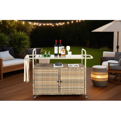 Beige Outdoor Bar Table Wicker Bar Cart With Steel Top, Ice Bucket, Lockable Wheels And Side Basket Perfect For Patio, Garden, Poolside And Backyard by Latitude Run
