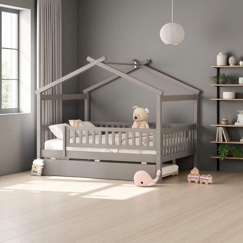 Lit en bois avec lit gigogne simple, Gris, Lit double
