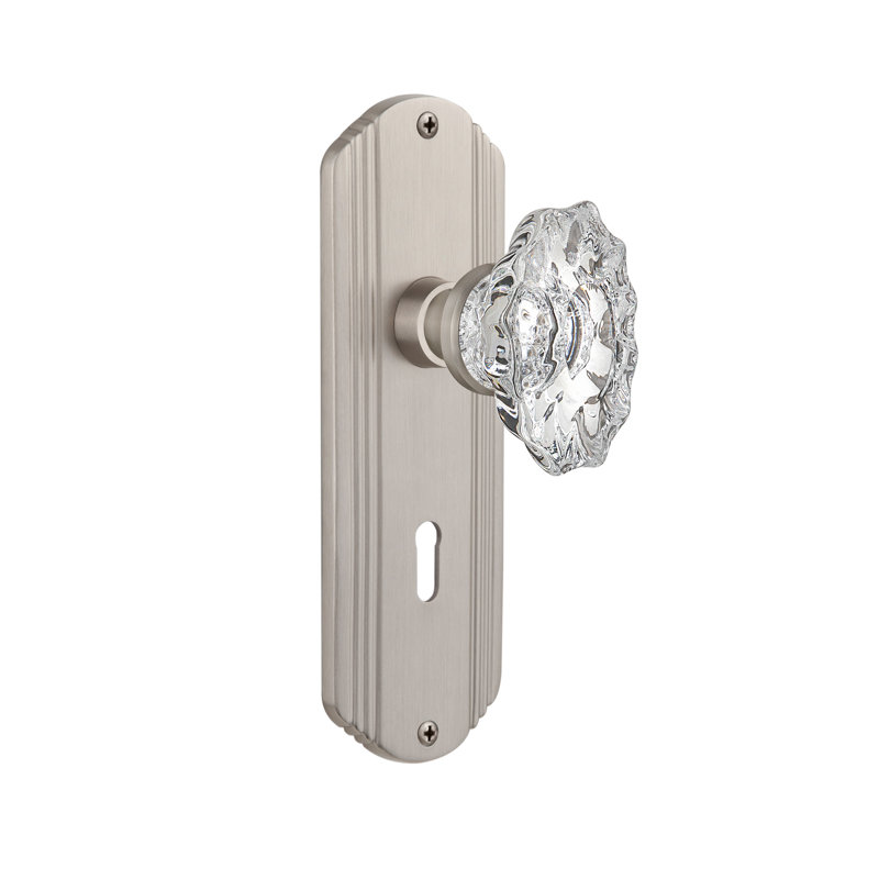 Bouton de porte de mortaise intérieure en cristal avec plaque longue chateau Deco, Nickel satiné