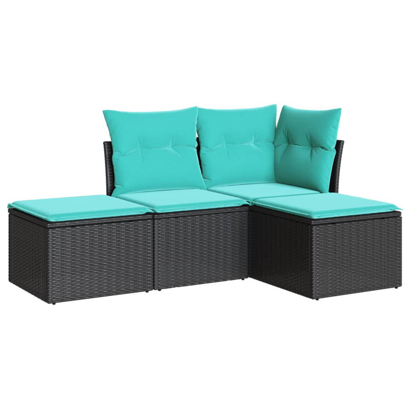 Latitude Run® 4 Piece Patio Sofa Set With Cushions Black Poly Rattan, Teal Cushion/ Black Frame