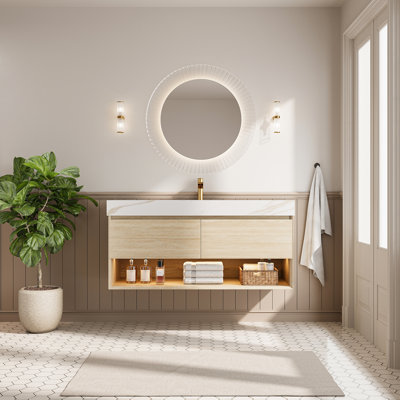Meuble-lavabo flottant de 30 po avec lavabo, armoire de rangement en contreplaqué, tiroir et tablette avec capteur de lumière, lavabo encastré en céramique et plateau en pierre frittée dorée calacatta, pré-assemblé, finition texturée en travertin