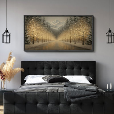 «Glowing Winter Tree Lane With Distant Mountains», reproduction d'art sur toile encadrée dans la chambre principale