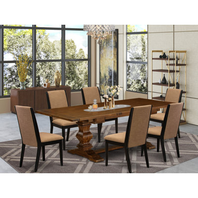 7 Piece Dining Set Consist of a Rectangle Dining Room Table with Removable Leaf and 6 Light Sable Linen Fabric Parsons Chairs, Antique Walnut