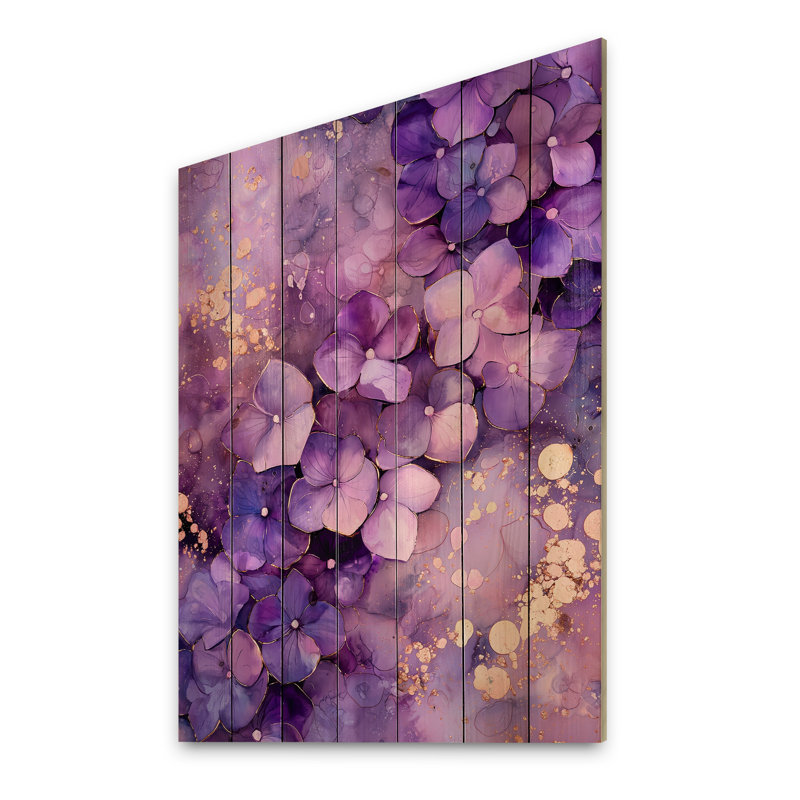 Aura mauve d'hortensias I - hydrangées, art mural en bois sur bois de pin naturel, H 20 po x l 10 po