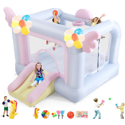 9.5' X 8.6' Inflatable Bounce House With Punching Bag, Beachball, Basketball, Macaron Balloons, Catch Ball Set(No Air Blower)