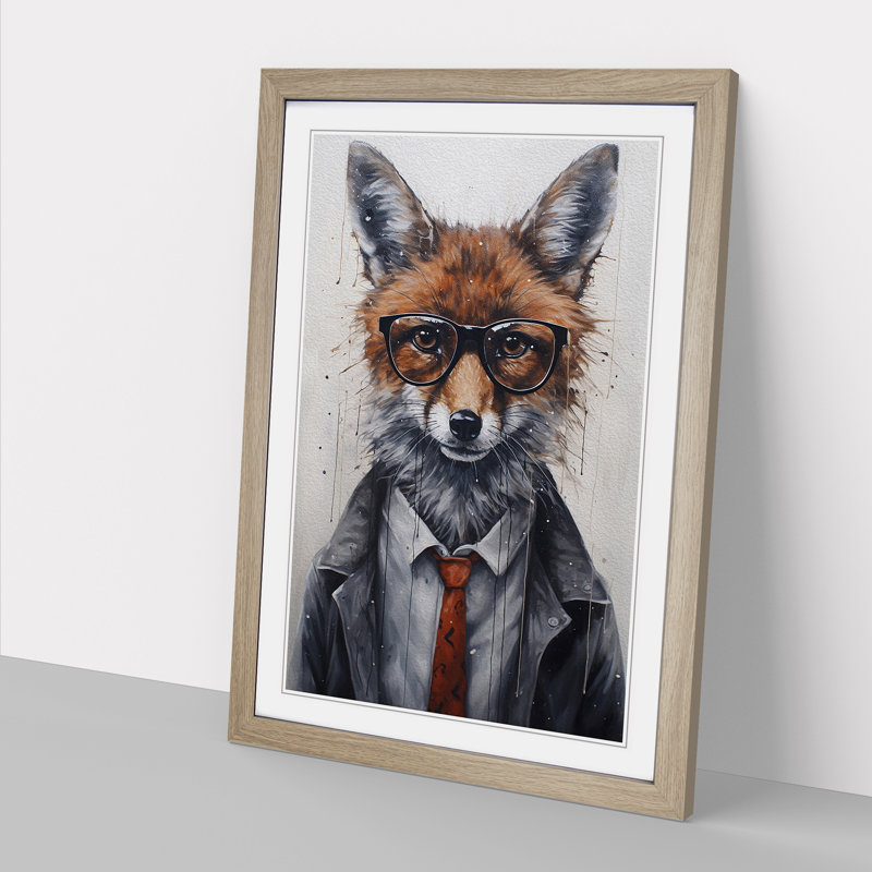 Fox with Glasses Painting - Framed Print, Oak, 64cm H x 46cm W x 2cm D