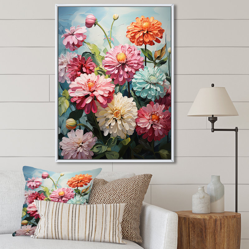 «Verdant Green Realistic Beauty I», art mural sur toile Zinnias, Cadre flottant blanc, H 20 po x l 12 po