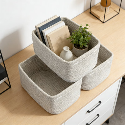 Ensemble de 3 paniers de rangement tissés, bacs de rangement décoratifs en corde pour tablettes, placards, jouets et bureau personnel, conception rectangulaire peu encombrante