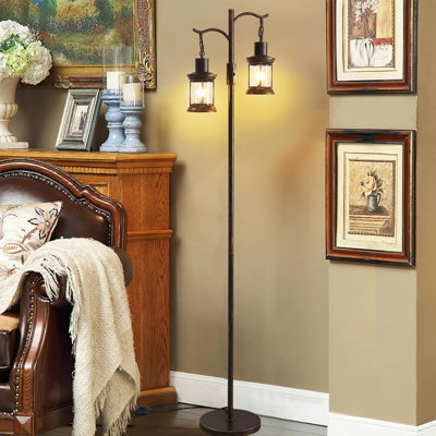 Vintage Dimmable Floor Lamp With 2 Lanterns - Rustic Red Copper Farmhouse Standing Light For Living Room