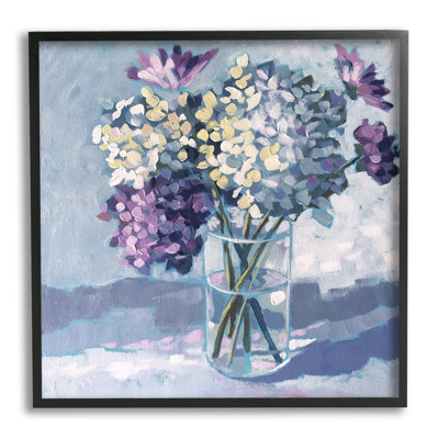 Bouquet de fleurs d'hortensias mauves, arrangement de fleurs superposées sur fond de ferme rustique surdimensionné, estampe numérique de Sue Riger