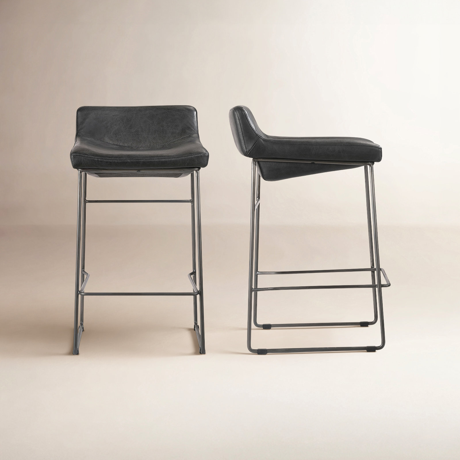Brittany 26" Genuine Leather Bar Stool, Counter Stool (26” Seat Height), Black Genuine Leather