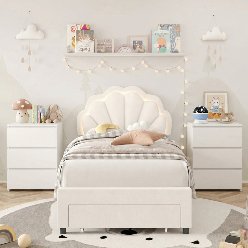 Ensemble de chambre à coucher 3 pièces, lit moderne tapissier à DEL avec tiroir et tables de chevet à 3 tiroirs avec port de charge, cadre de lit simple