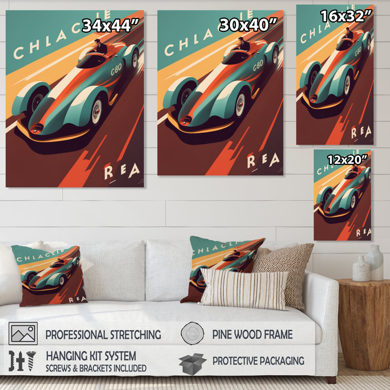 Voiture de course rétro bleue - reproduction sur toile, H 44 po x l 34 po x P 1,5 po, Toile tendue