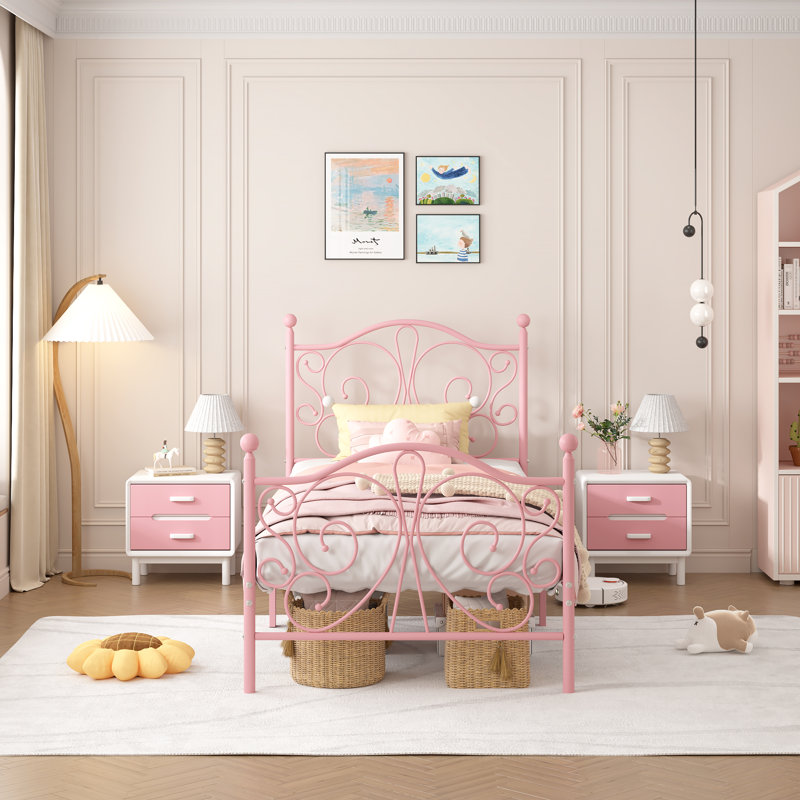 Structure de lit simple en métal avec motif papillon, Rose