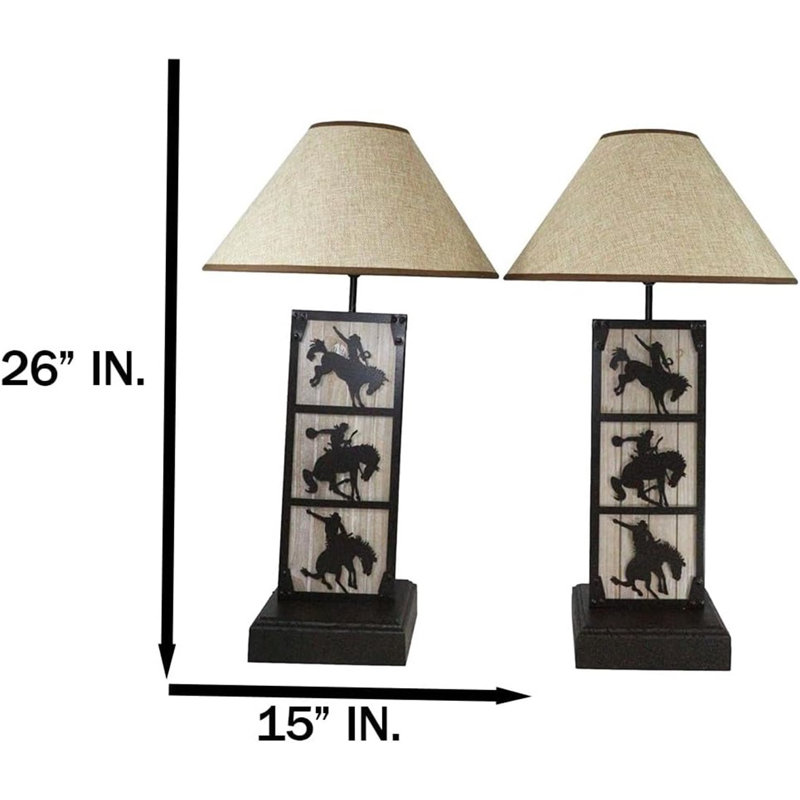 Set Of 2 Rustic Western Cowboy On Giddy Up Horse Wood Metal Bedside Table Lamps