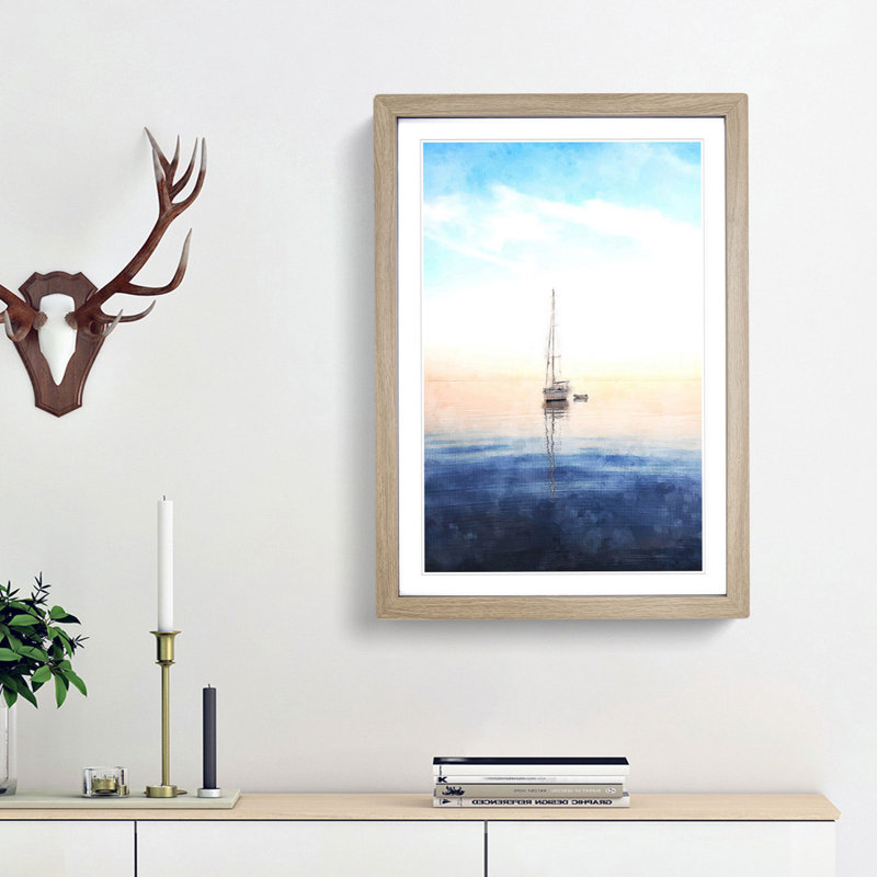 Lone Sailboat - Framed Print, 45cm H x 33cm W x 2cm D, Oak Framed