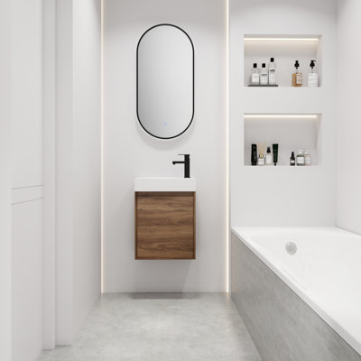 Meuble-lavabo de 18 pouces avec lavabo simple - nombreux espaces de rangement, lavabo en céramique, construction contemporaine, petit espace de rangement intérieur en ébène brun, lavabo, design,